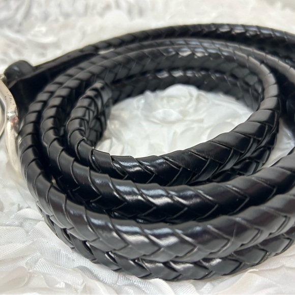 Fossil Black‎ Leather Basket Weave Belt Silvertone Metal Buckle - Picture 3 of 13